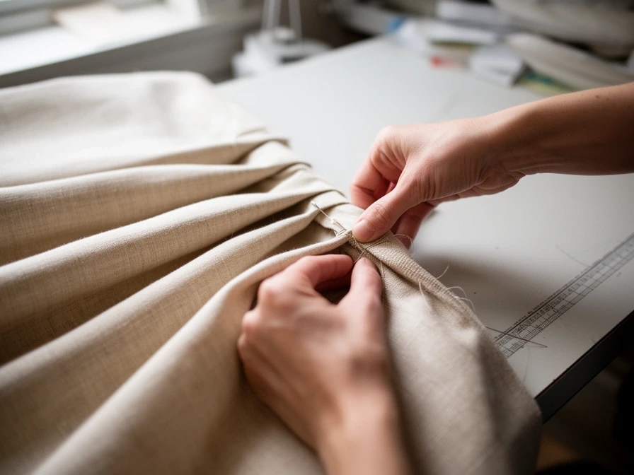 Hands pinning a pinch pleat heading on a linen curtain