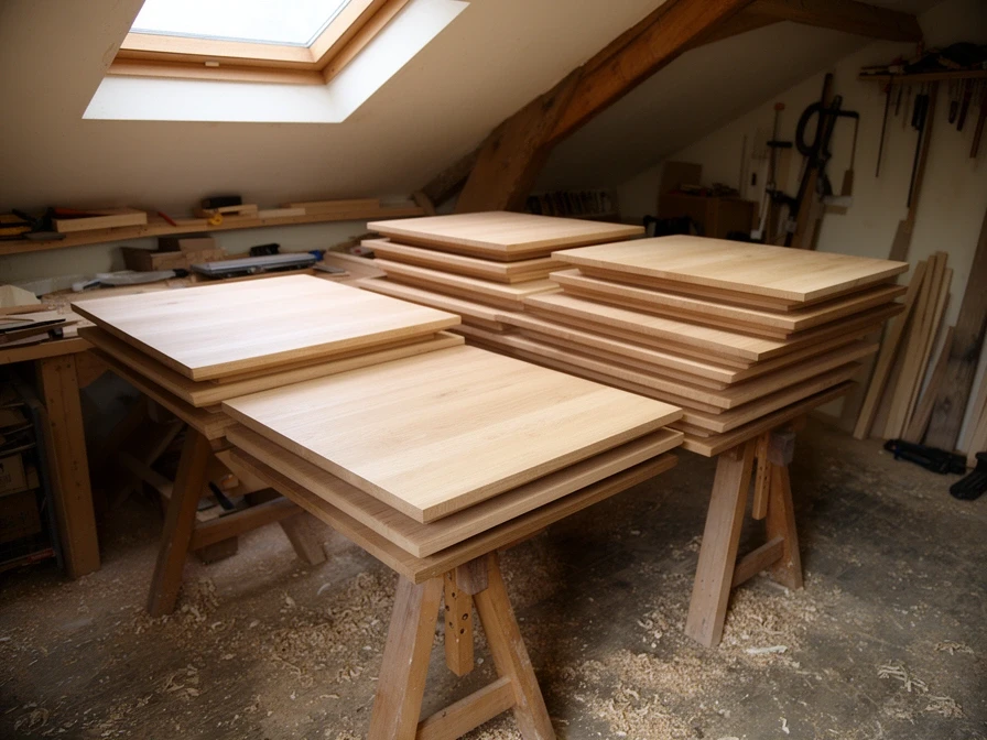 Six unfinished oak coffee table tops stacked in a joinery workshop