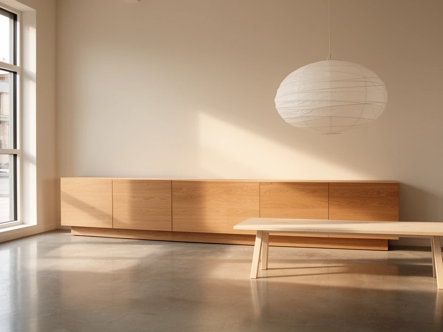 Showroom floor with an oak sideboard, ash bench and paper pendant