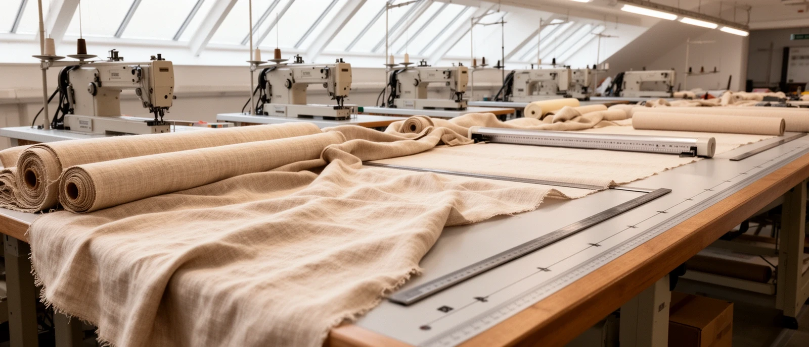 Long cutting table with rolls of linen in the Coedomatsumur workroom