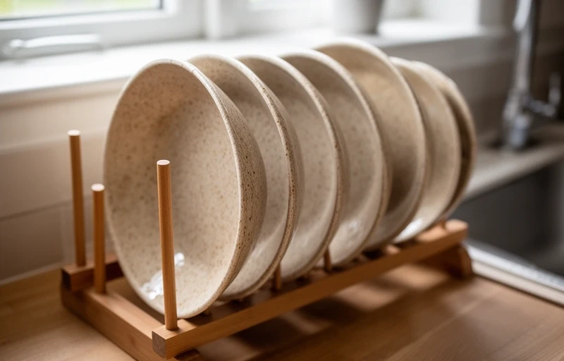 Stoneware bowls drying on a wooden rack