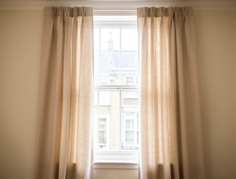 Natural linen curtains hanging at a tall sash window