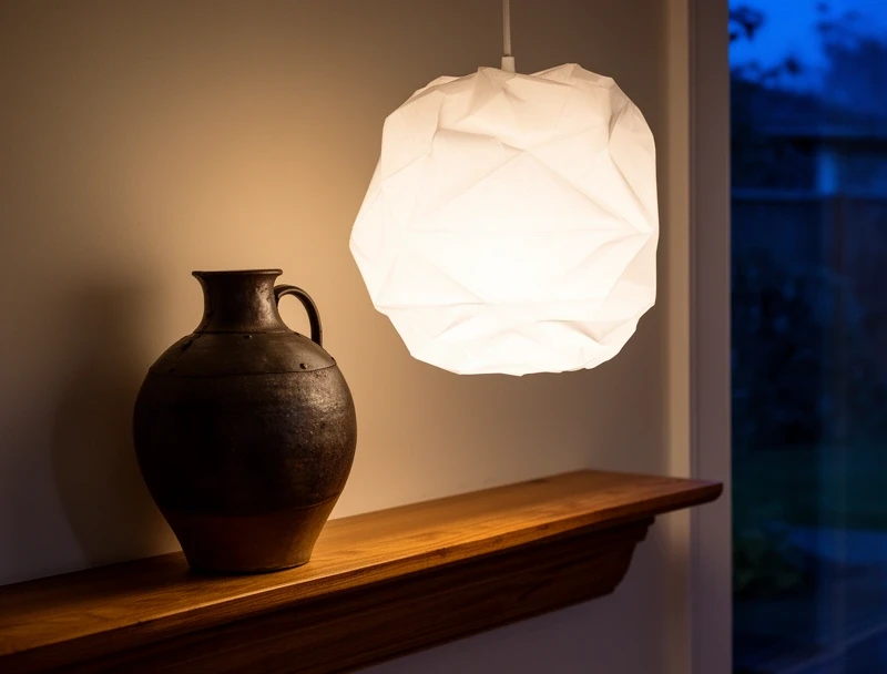 Paper pendant and stoneware vase on an oak shelf