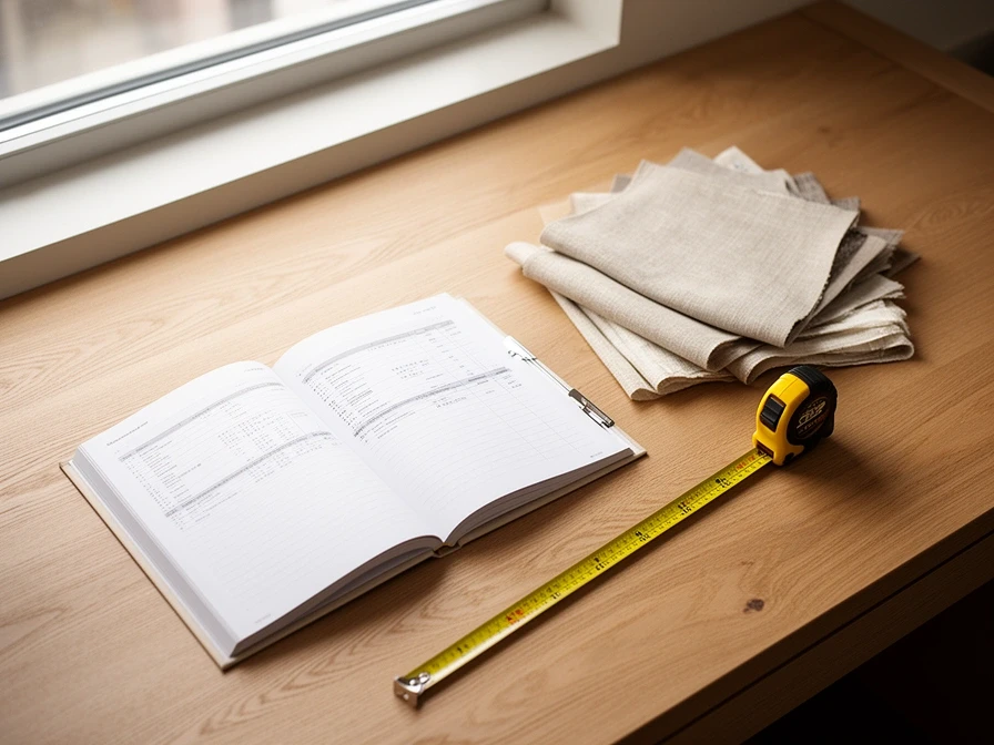 Order book, fabric swatches and a tape measure on the showroom desk