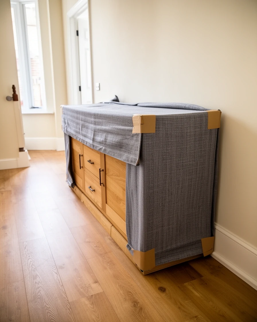 Oak sideboard wrapped in blankets and card corners, ready for delivery