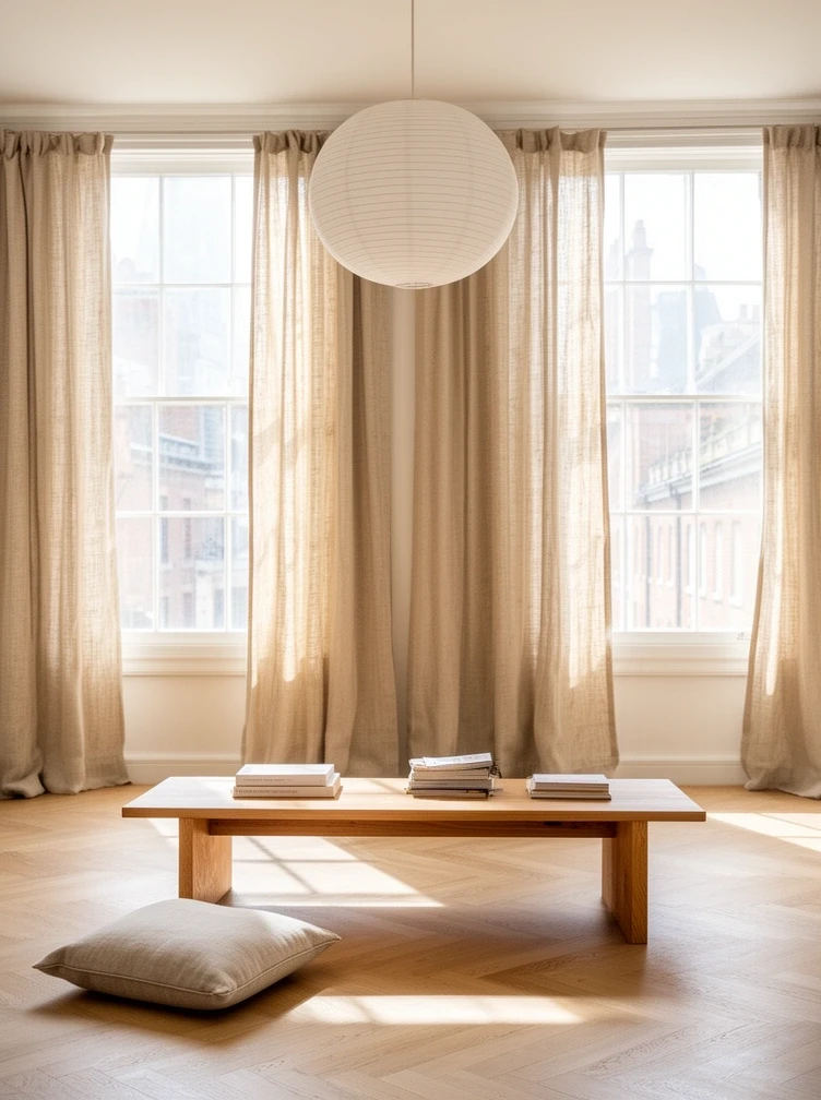 Low oak table and linen curtains in a bright living room