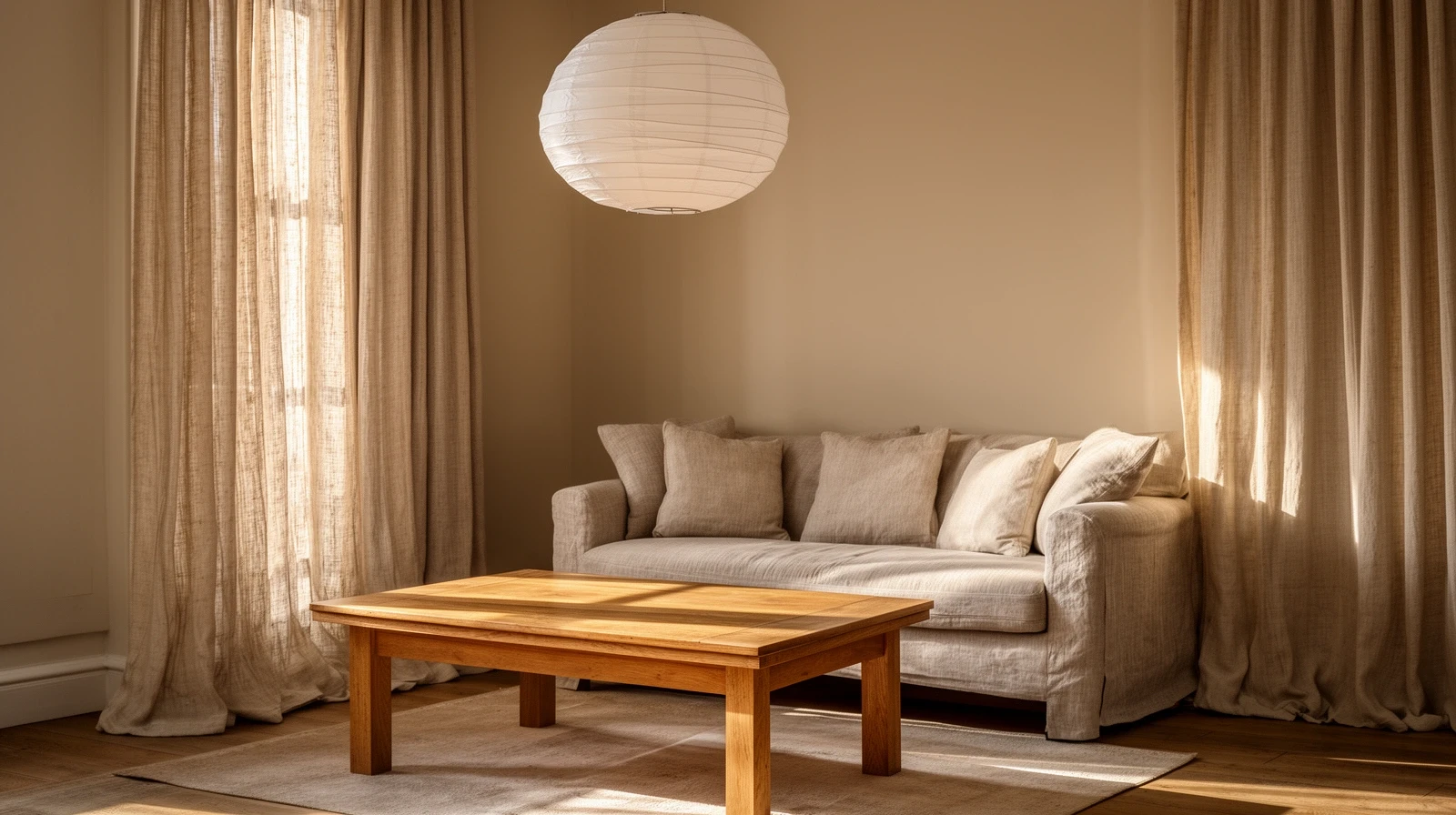 Living room with a low oak coffee table, paper pendant lamp and linen curtains