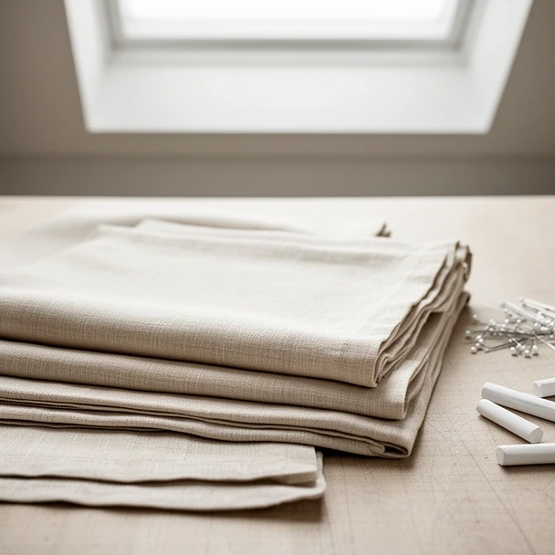 Folded linen curtain panels on a cutting table