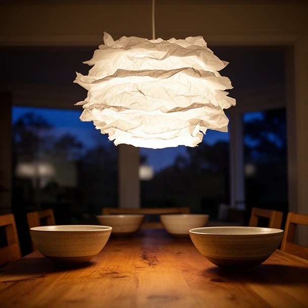 Paper pendant lamp switched on above a dining table