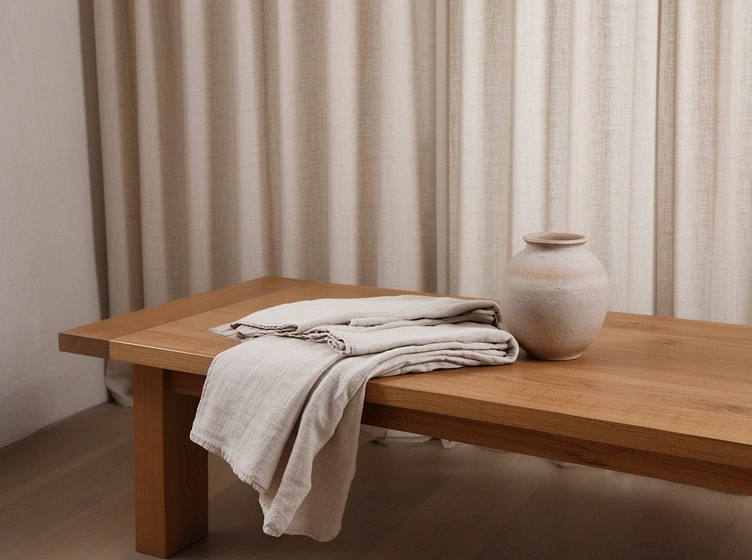 Oak table and linen in the Coedomatsumur showroom