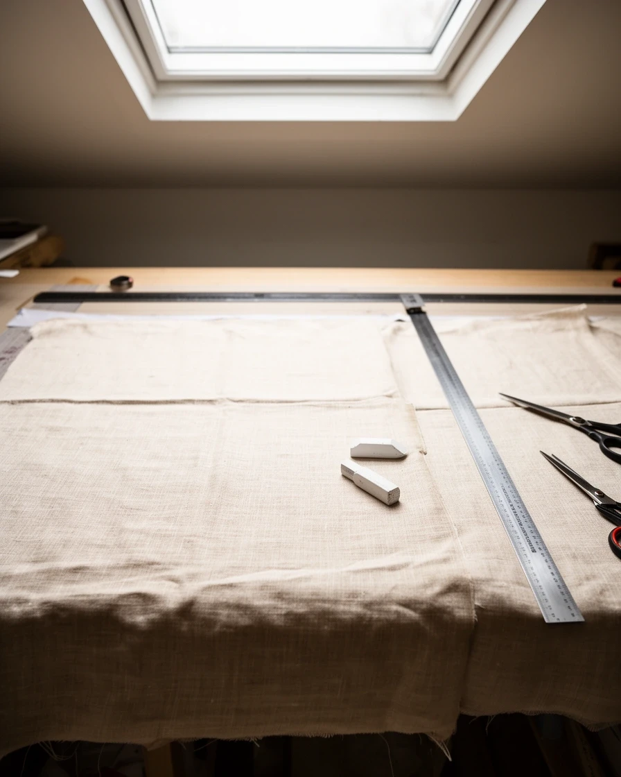 Linen laid out on a long cutting table with a steel rule and chalk