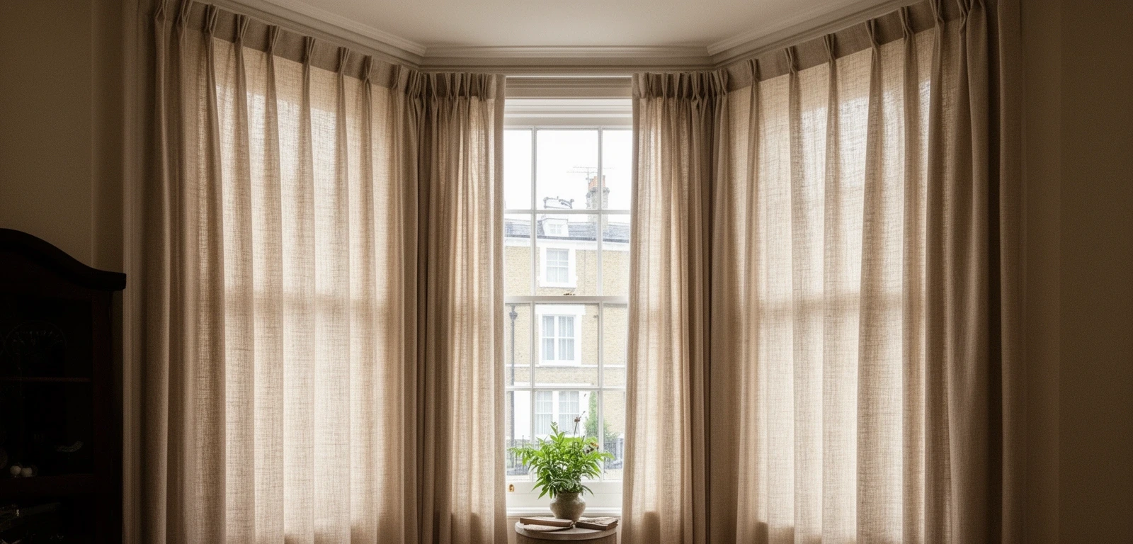 Lined linen curtains with a pinch pleat heading at a bay window