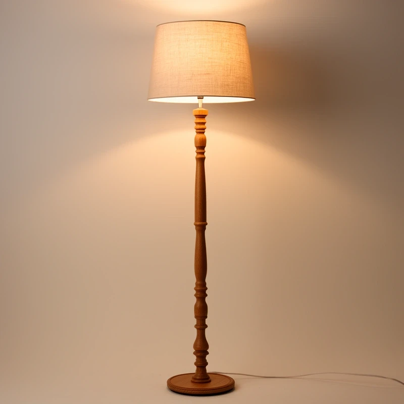 Linen floor lamp, oak base
