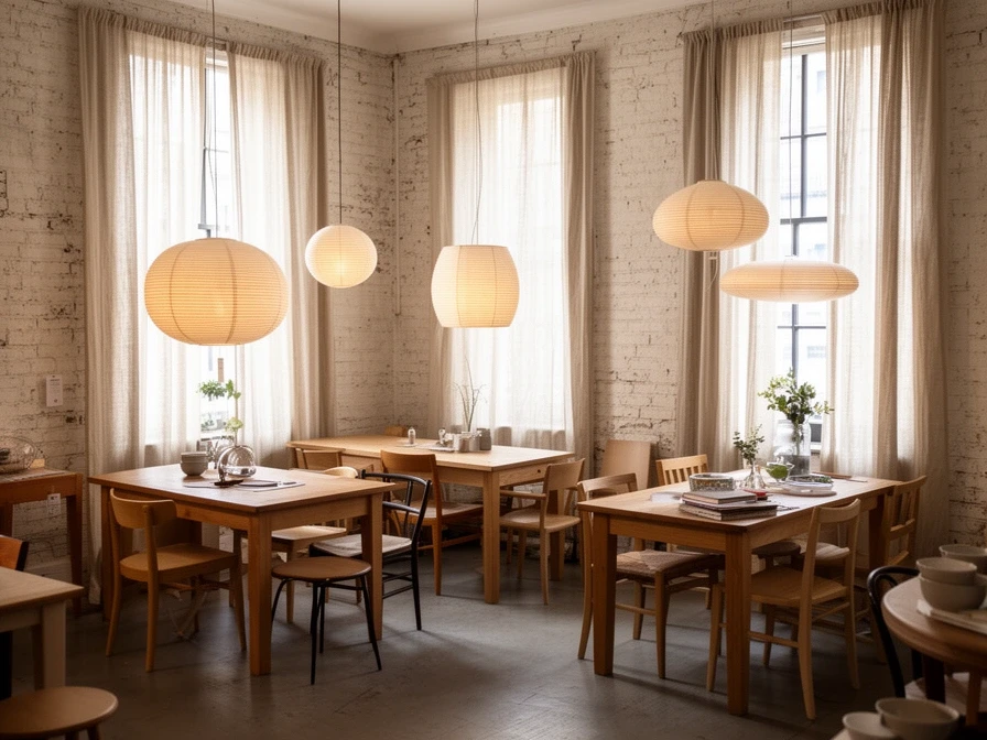 Showroom with oak furniture, paper lamps and curtains on display