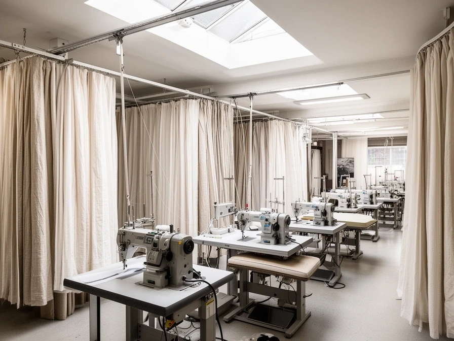 Sewing machines and a steam press in the curtain workroom