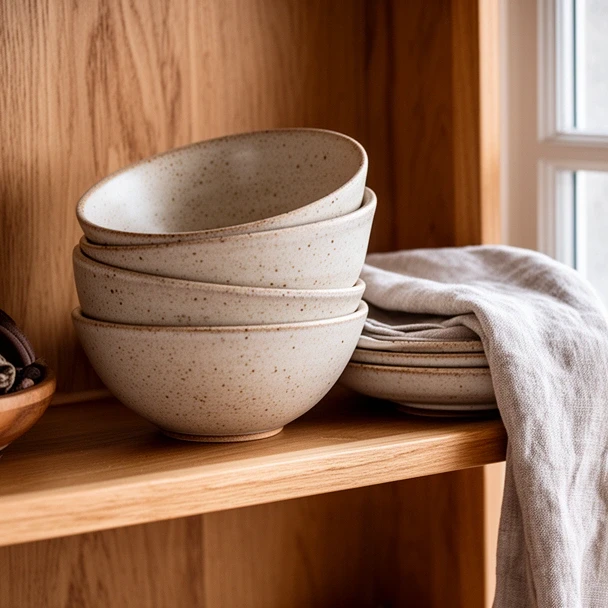 Stoneware bowls stacked on a shelf