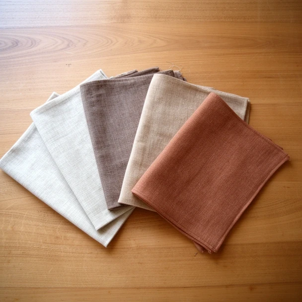 Linen fabric samples fanned out on a table