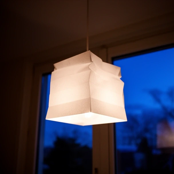 Paper pendant lamp glowing in the evening