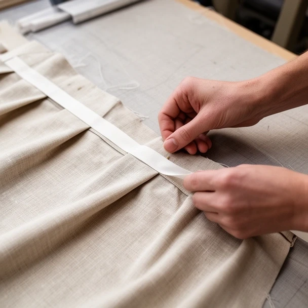 Pencil pleat heading being pinned on a curtain